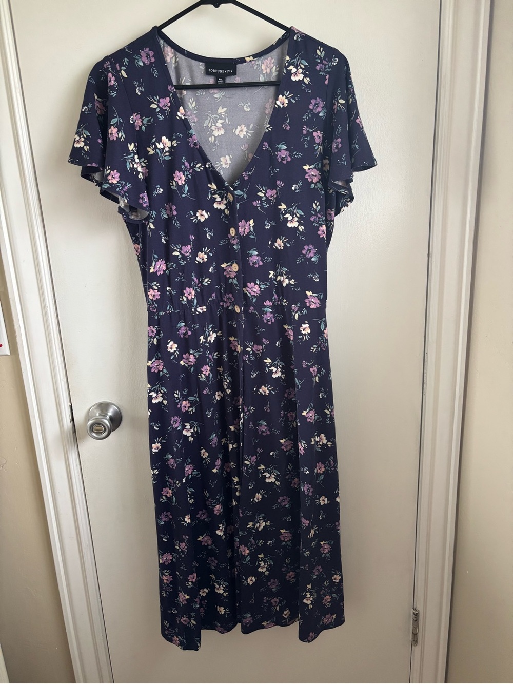Floral Navy Midi Dress with Purple & White Blossoms